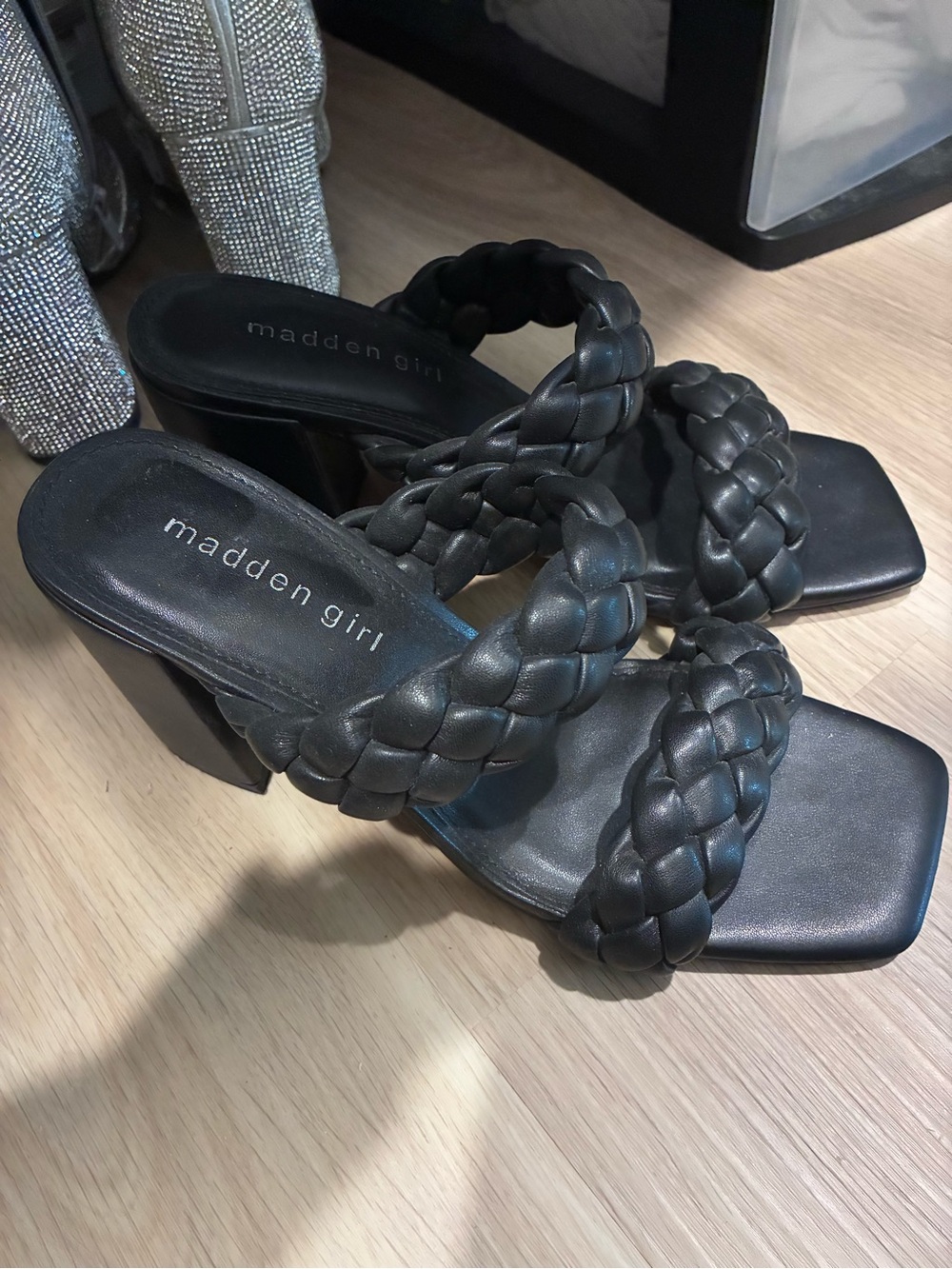 Madden Girl Black Braided Strap Block Heel Sandals